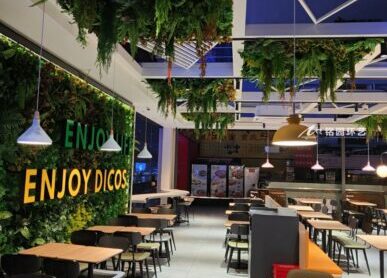 餐饮室内景观，成都东站德克士绿植吊顶植物墙造景